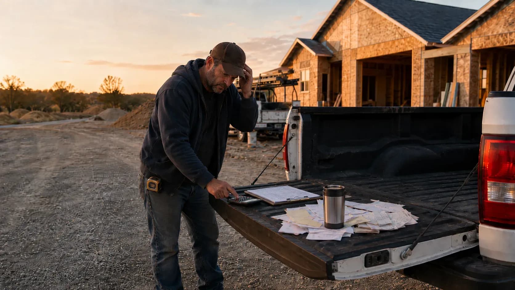 Contractor frustrated sorting receipts and texts at a tailgate after work