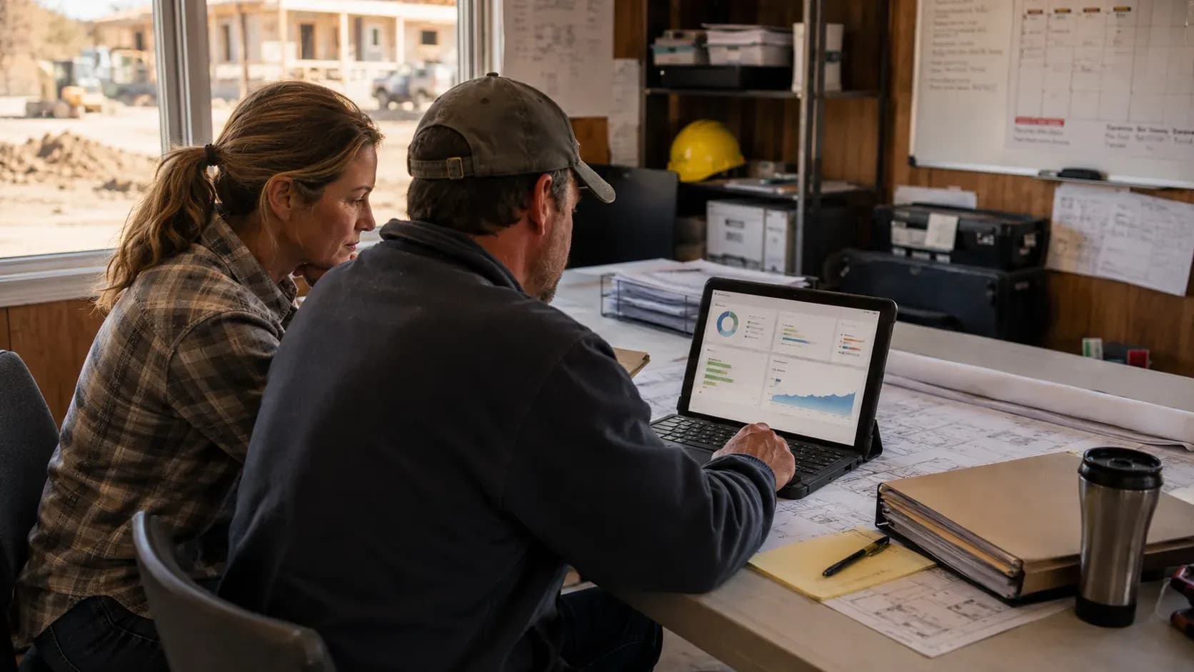 Screen layout concept: team reviewing field records and project plans