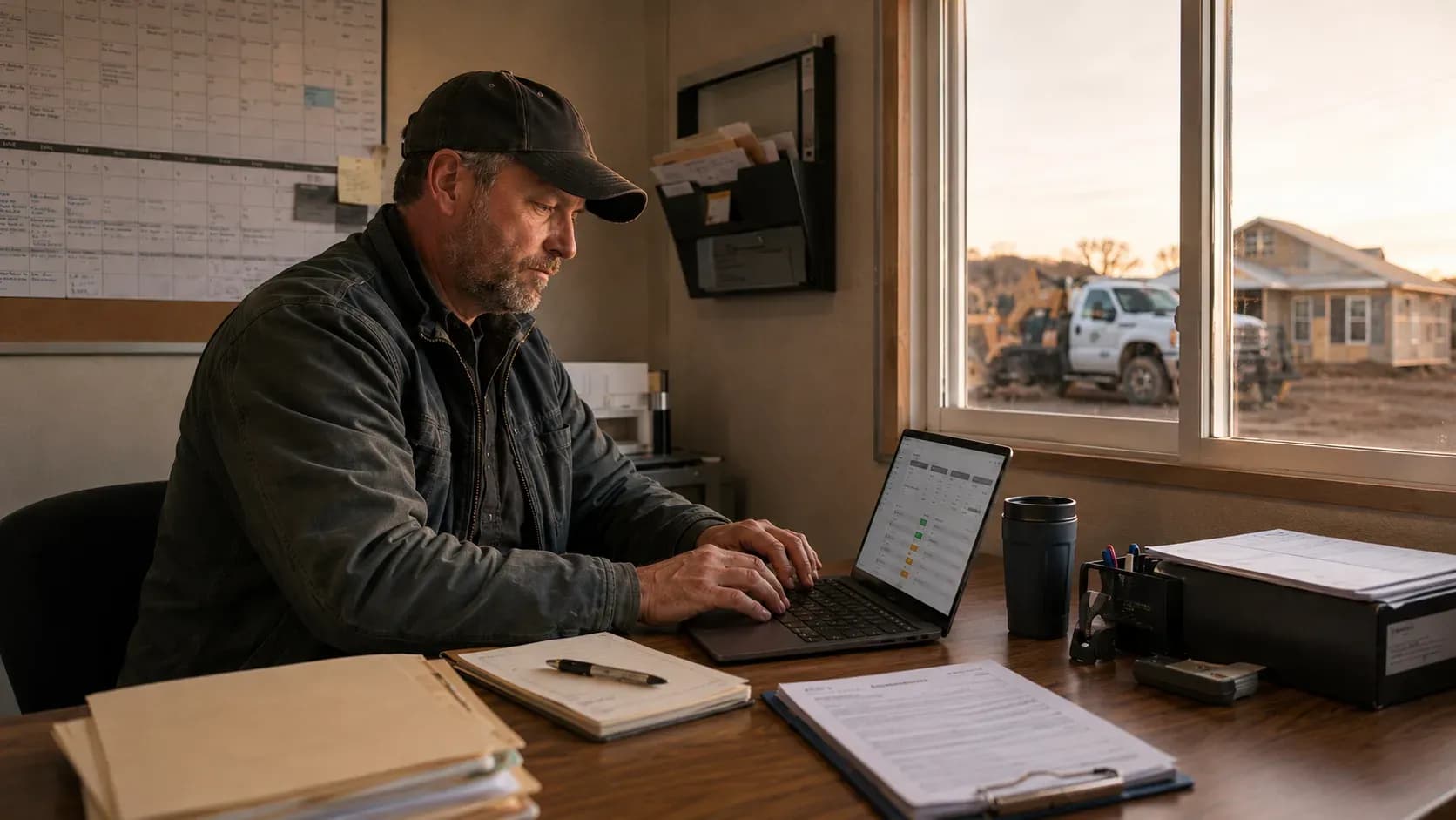 Interface concept: owner review queue in a portable jobsite office