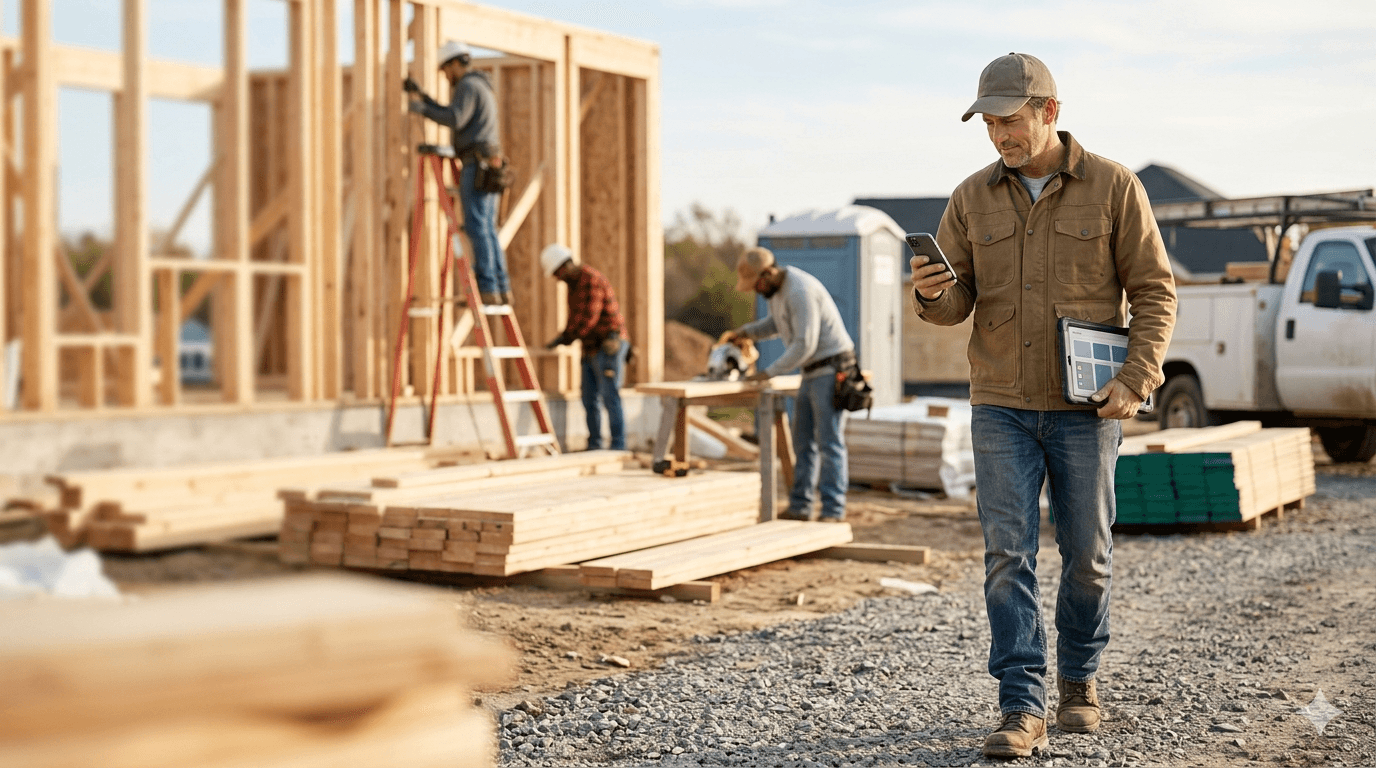 General contractor walking an active jobsite with a tablet