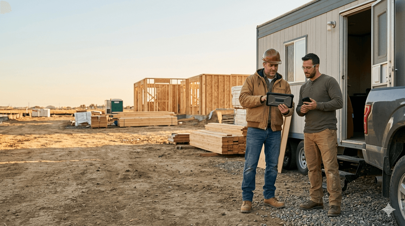 Owner and subcontractor reviewing subcontractor time tracking and field records on a jobsite
