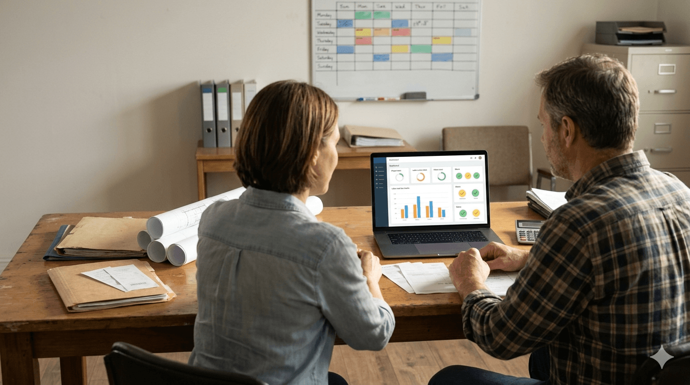 Screen layout concept: job cost review dashboard in a modest office