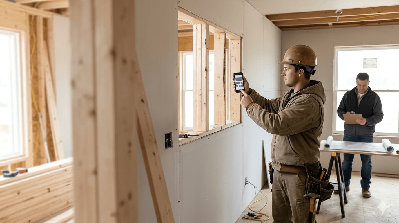Worker documenting a blocked job update with photo notes on site