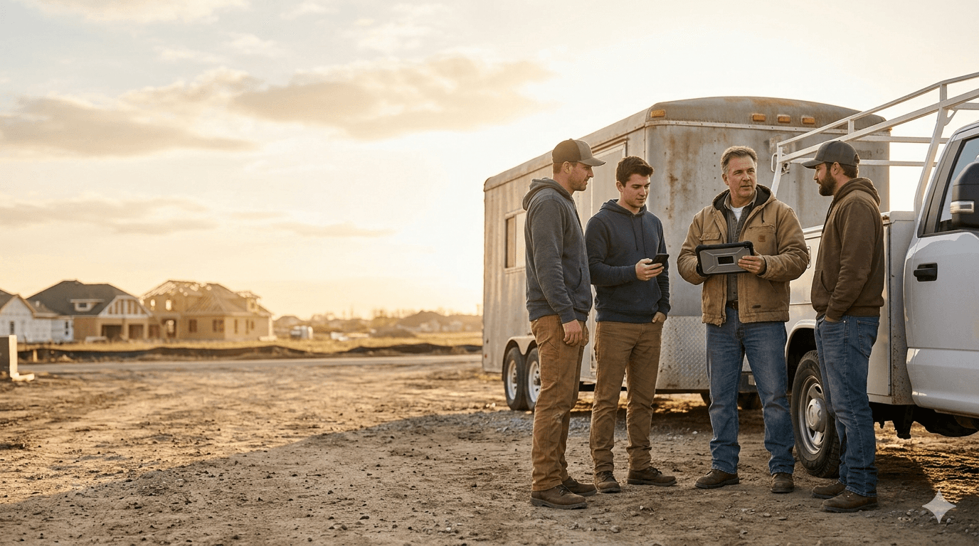 Crew meeting at a job trailer tailgate before field records get sorted