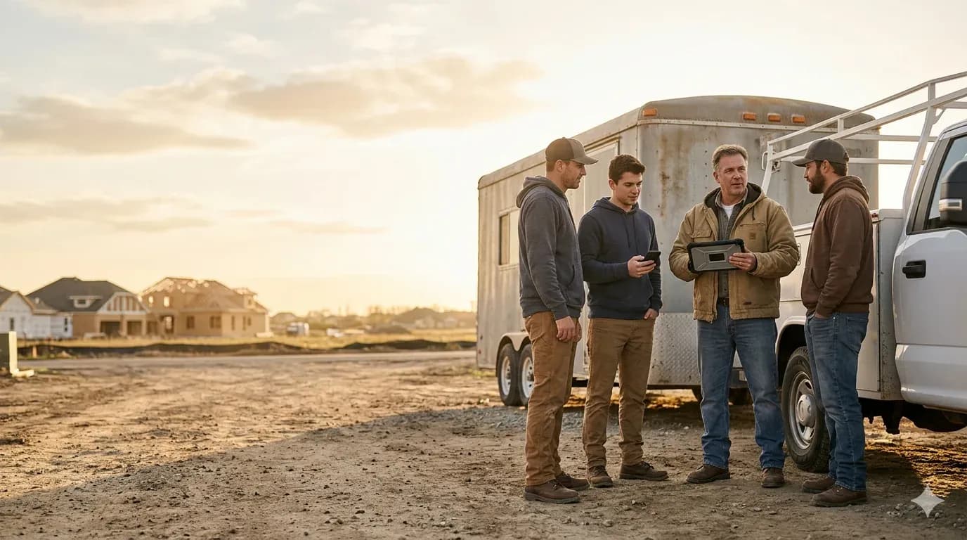Small crew meeting outside a job trailer for a one-crew pilot start