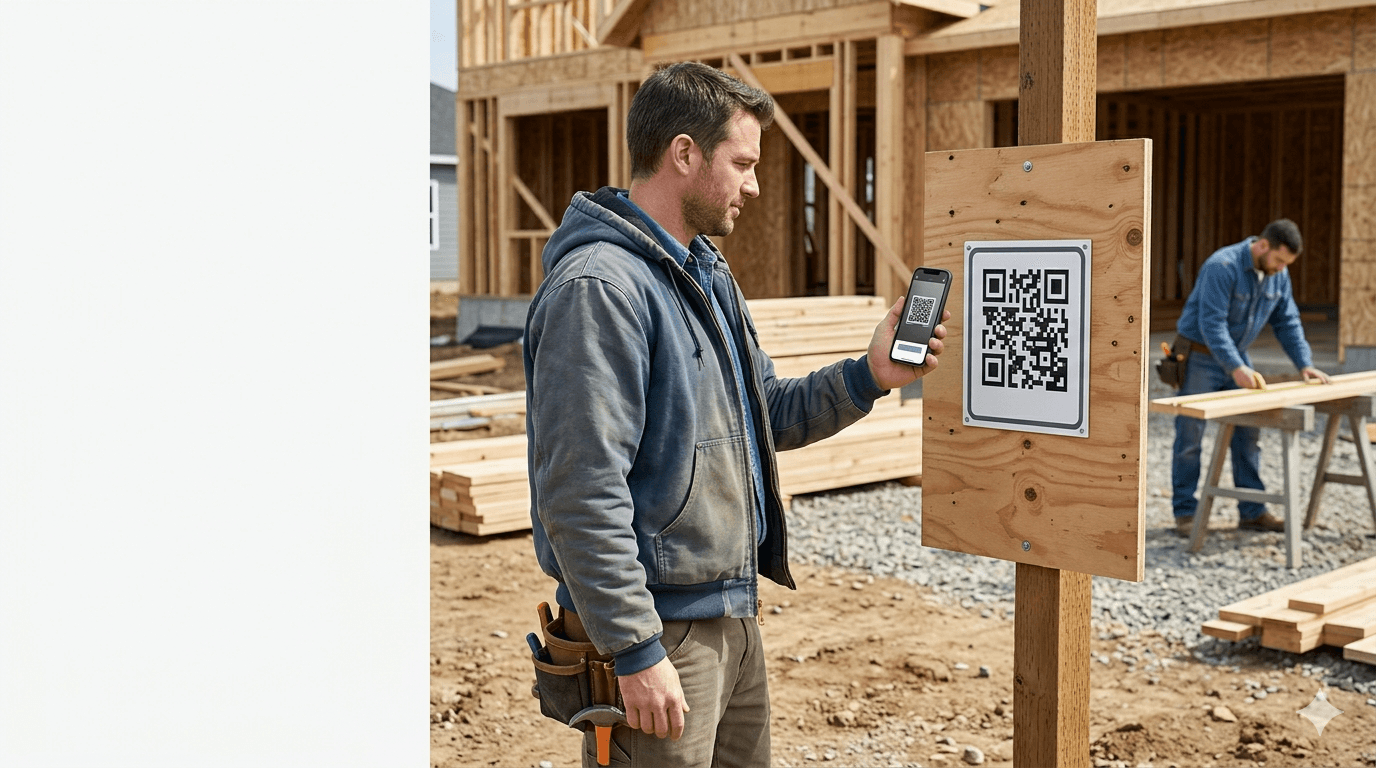 Worker scanning a mounted QR code to attach voluntary job context to a submission