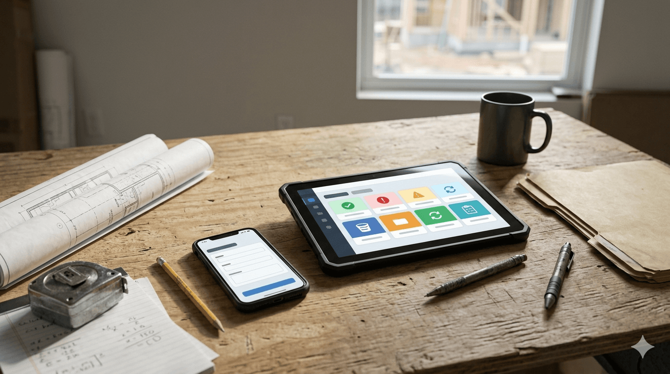 Interface concept: desk screen layout for time, costs, photos, and exports